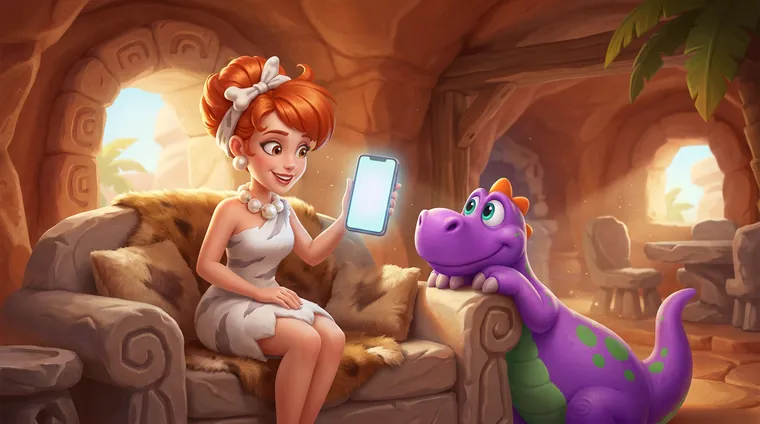 Rudowłosa bohaterka Stonevegas ze smartfonem na kamiennej kanapie, obok fioletowy dinozaur